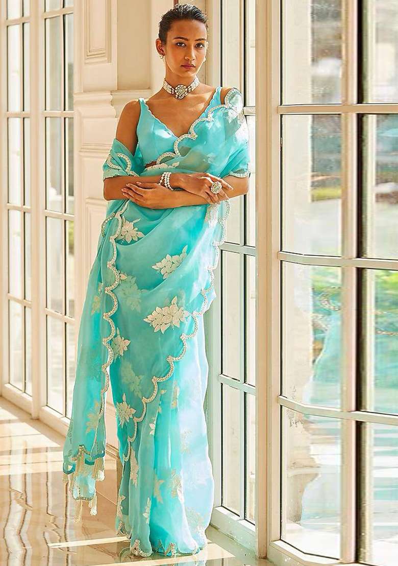 Sky Embroidered Blended Saree Set - Indya