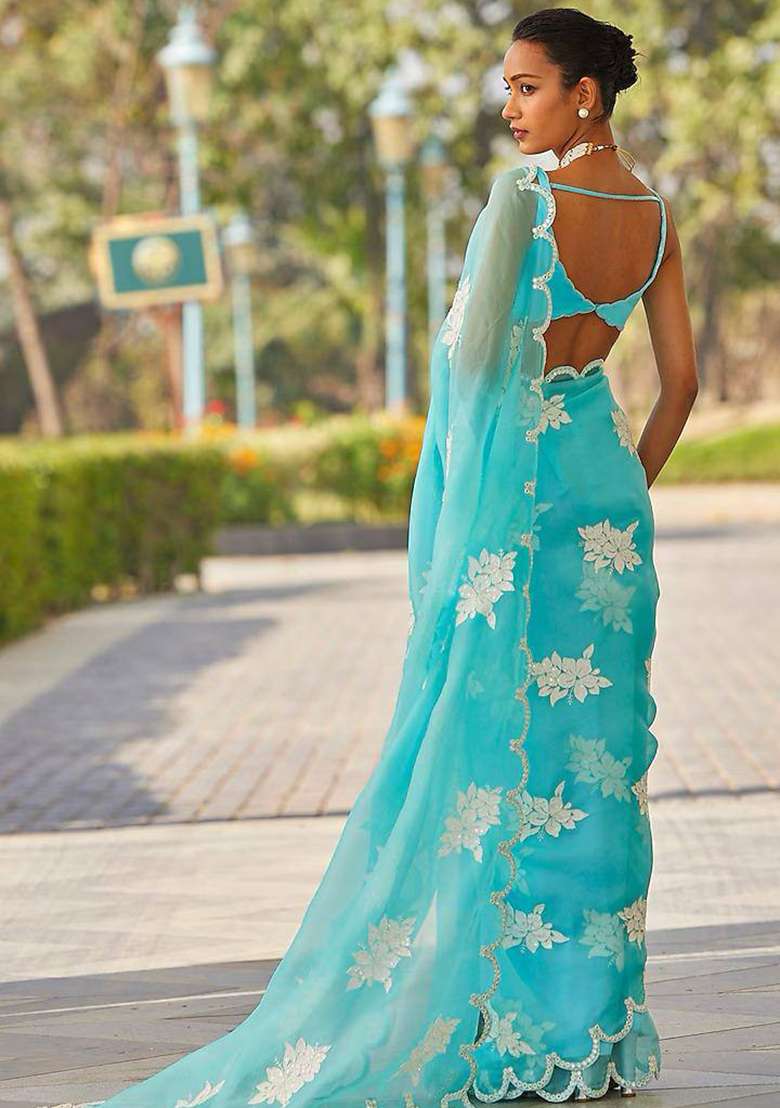 Sky Embroidered Blended Saree Set - Indya
