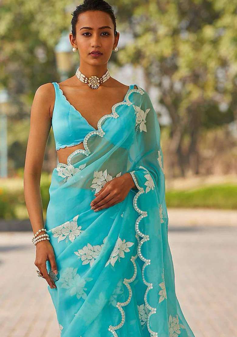 Sky Embroidered Blended Saree Set - Indya