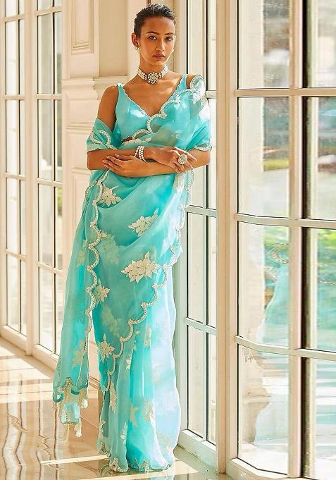 Sky Embroidered Blended Saree Set