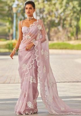 Light Pink Embroidered Blended Saree Set