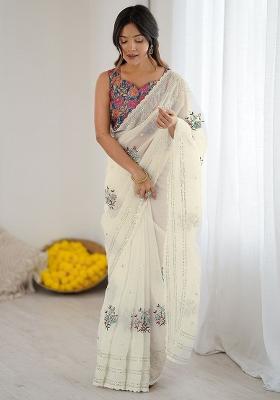 Off White Embroidered Organza Saree Set