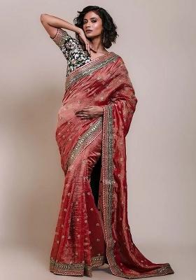 Red Embroidered Blended Saree Set