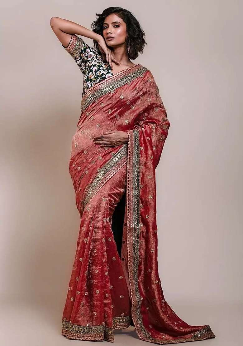 Red Embroidered Blended Saree Set - Indya