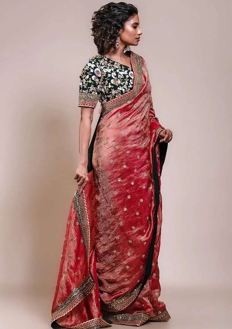 Red Embroidered Blended Saree Set - Indya