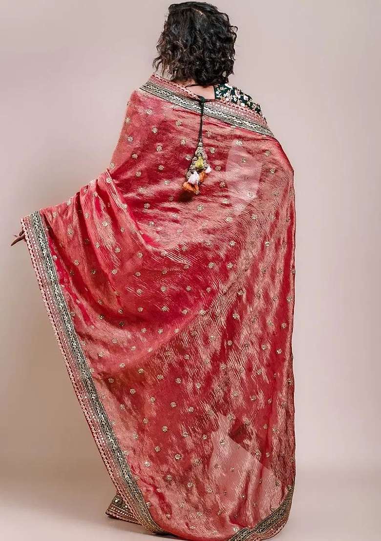 Red Embroidered Blended Saree Set - Indya