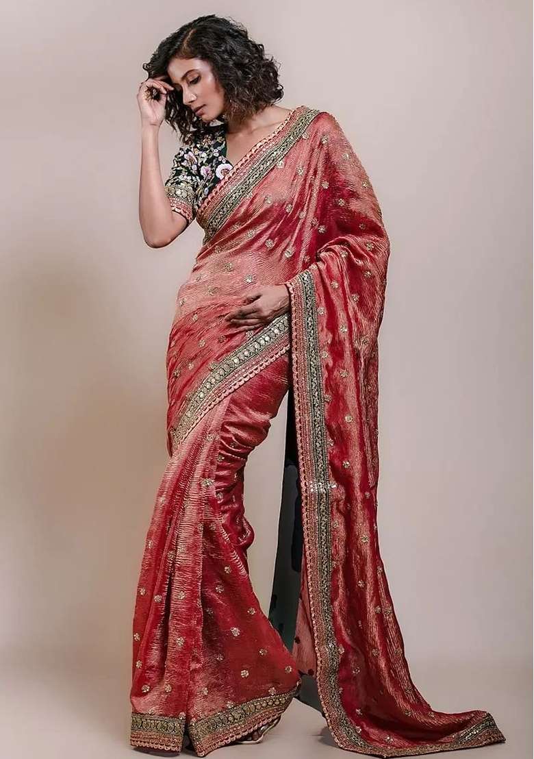 Red Embroidered Blended Saree Set - Indya