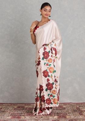 Peach Embroidered Silk Saree Set