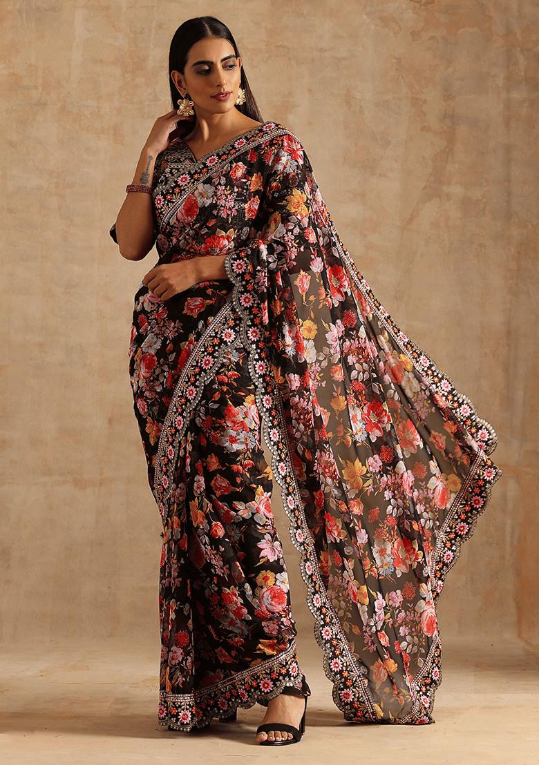 Black Embroidered Georgette Saree Set - Indya