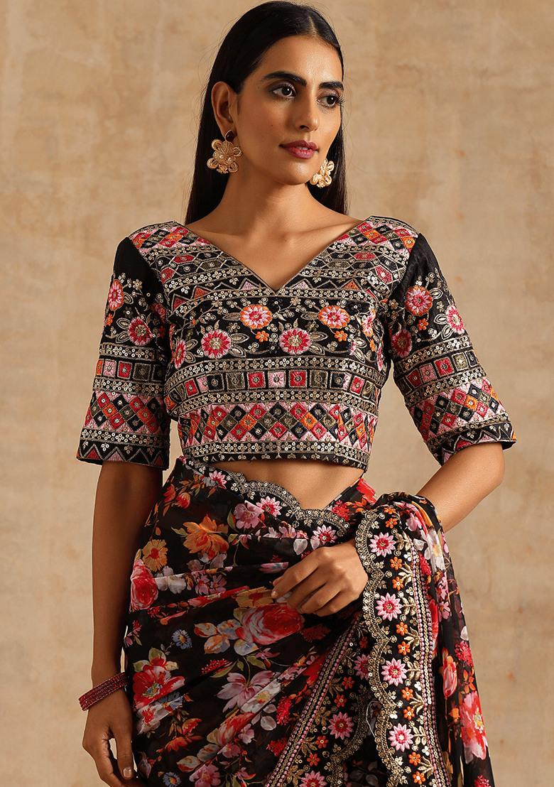 Black Embroidered Georgette Saree Set - Indya