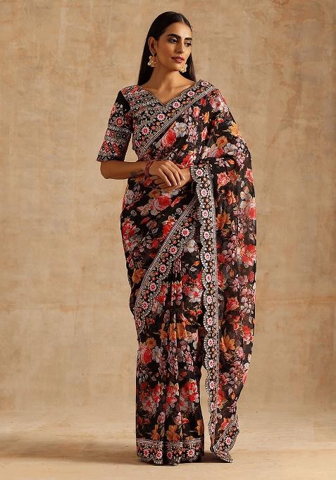 Black Embroidered Georgette Saree Set