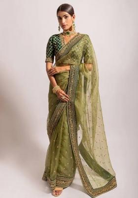 Mehendi Embroidered Organza Saree Set