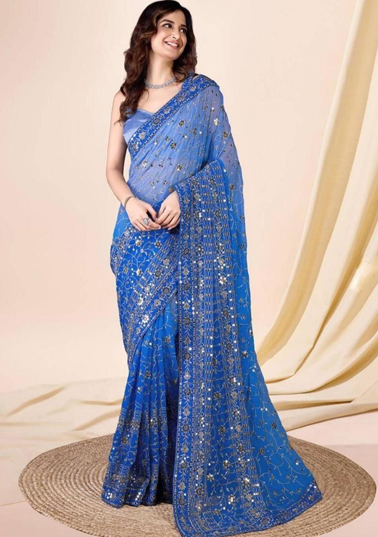 Sky Blue Embroidered Georgette Saree Set