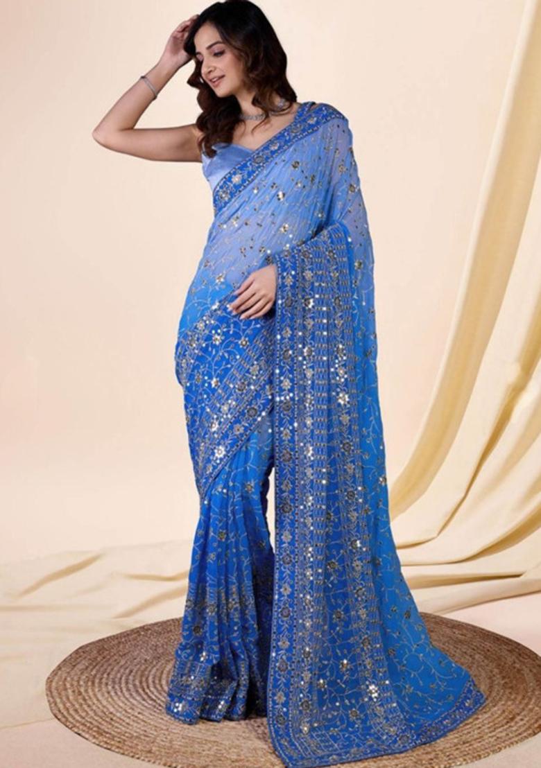 Sky Blue Embroidered Georgette Saree Set
