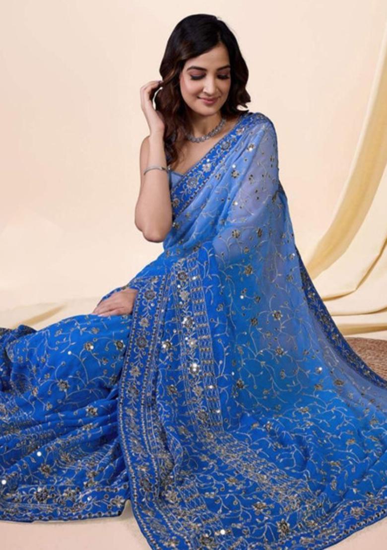Sky Blue Embroidered Georgette Saree Set