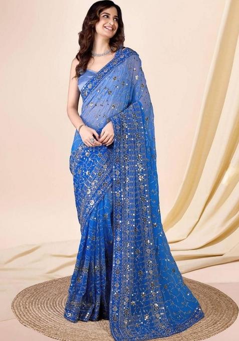 Sky Blue Embroidered Georgette Saree Set