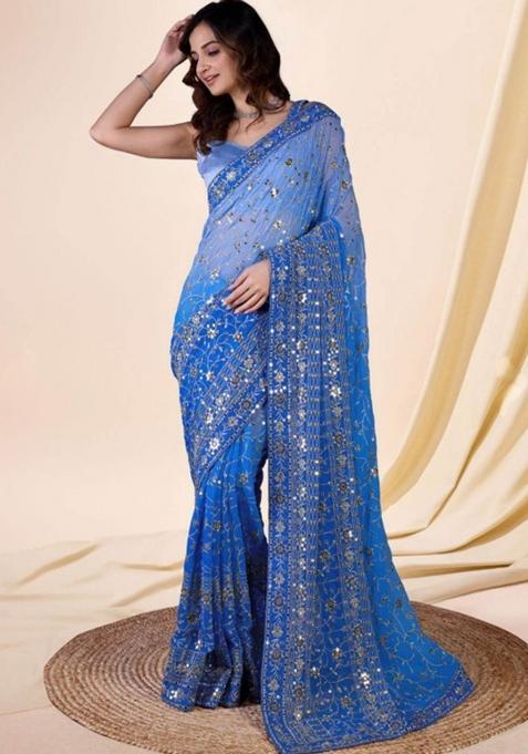 Sky Blue Embroidered Georgette Saree Set