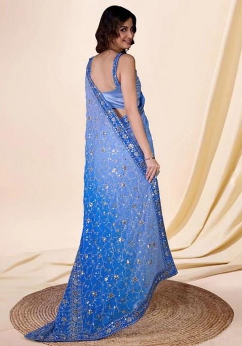 Sky Blue Embroidered Georgette Saree Set