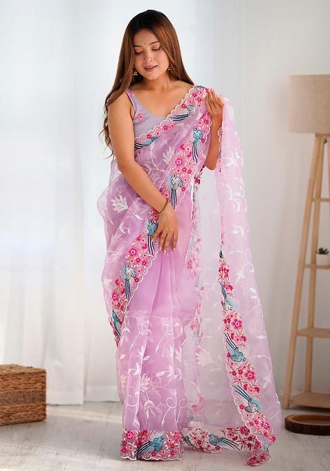 Pink Embroidered Silk Saree Set