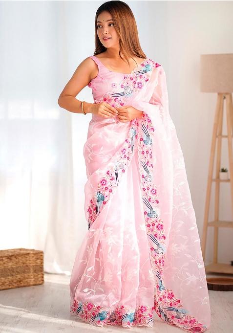 Pink Embroidered Silk Saree Set