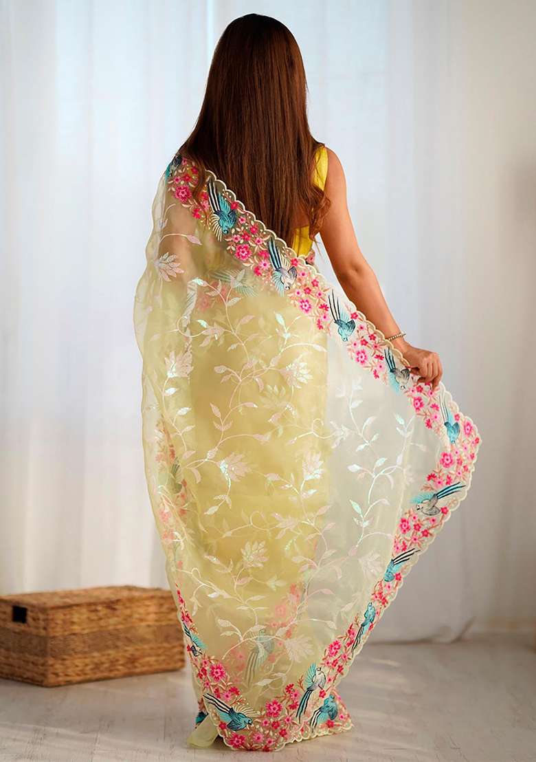 Yellow Embroidered Silk Saree Set - Indya