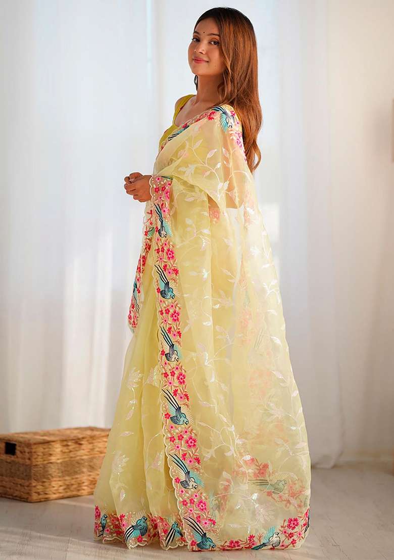 Yellow Embroidered Silk Saree Set - Indya