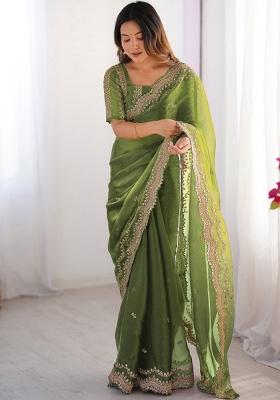 Green Embroidered Silk Saree Set