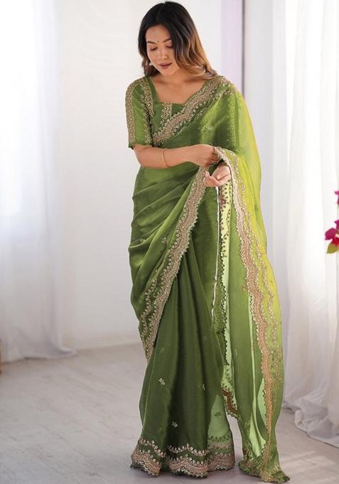Green Embroidered Silk Saree Set