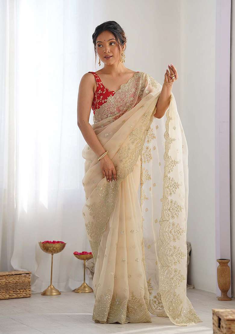 Cream Silk Blend Saree Set with Embroidered for Diwali | Wedding & Festive Wear - Indya