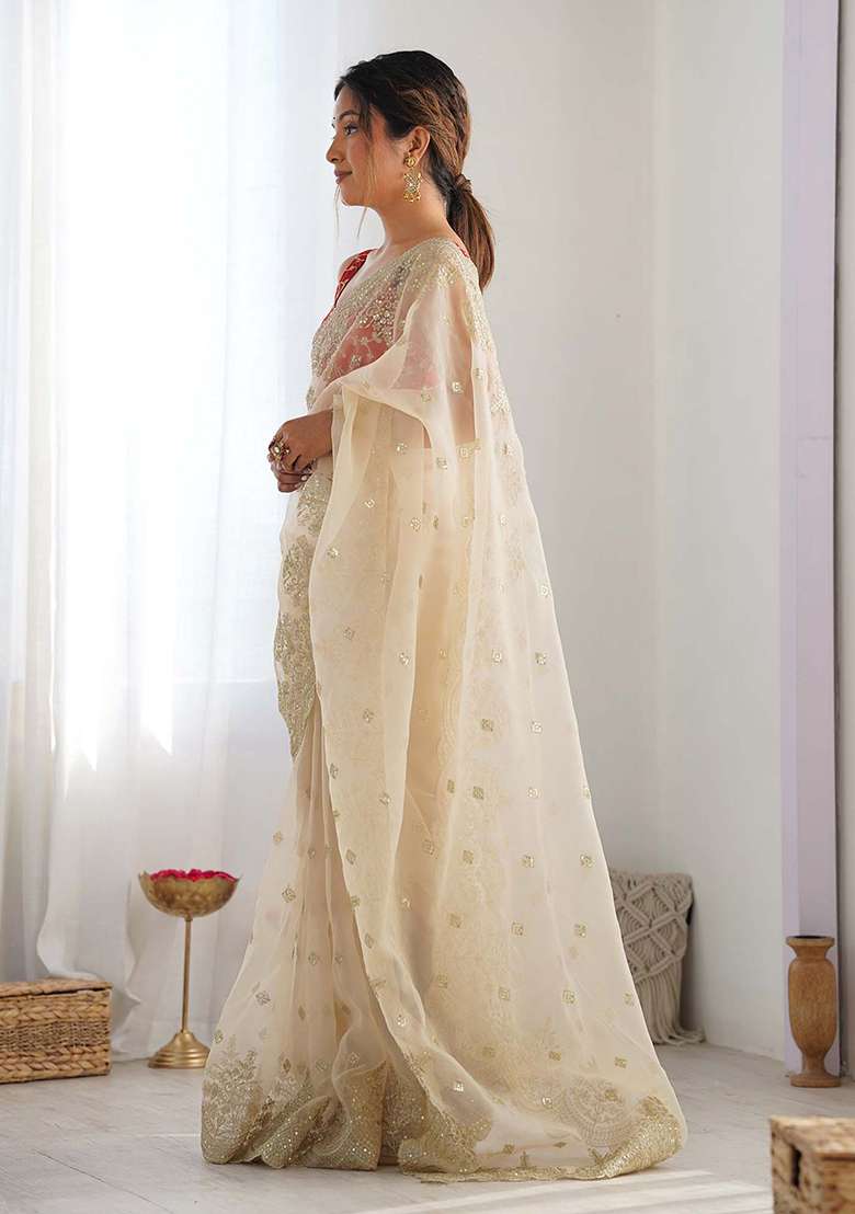 Cream Silk Blend Saree Set with Embroidered for Diwali | Wedding & Festive Wear - Indya