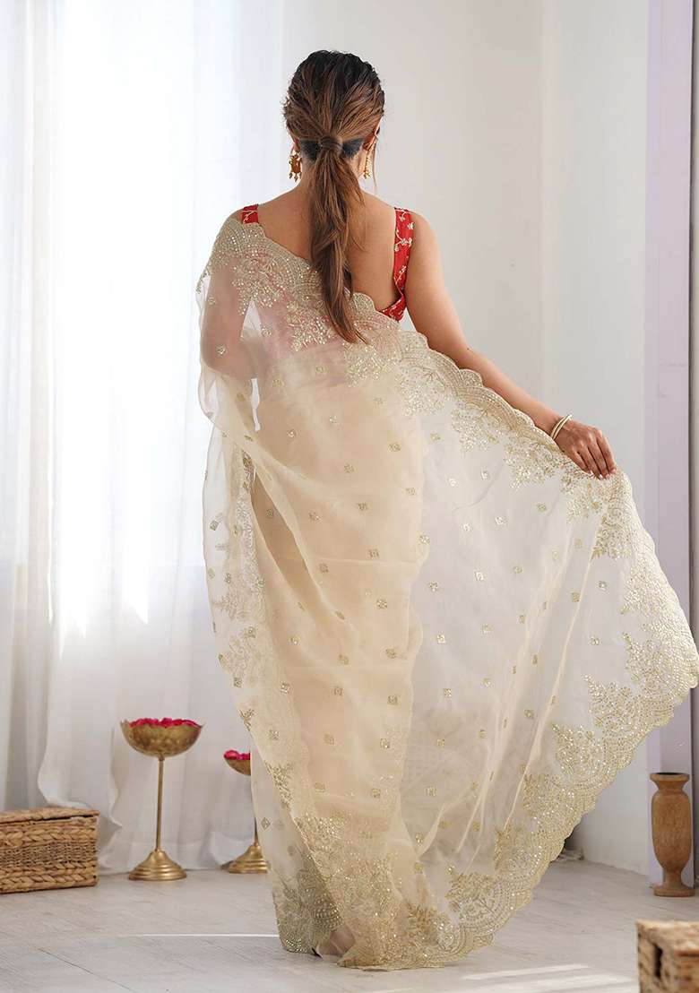 Cream Silk Blend Saree Set with Embroidered for Diwali | Wedding & Festive Wear - Indya