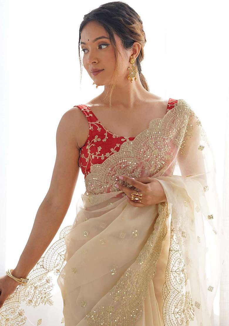 Cream Silk Blend Saree Set with Embroidered for Diwali | Wedding & Festive Wear - Indya