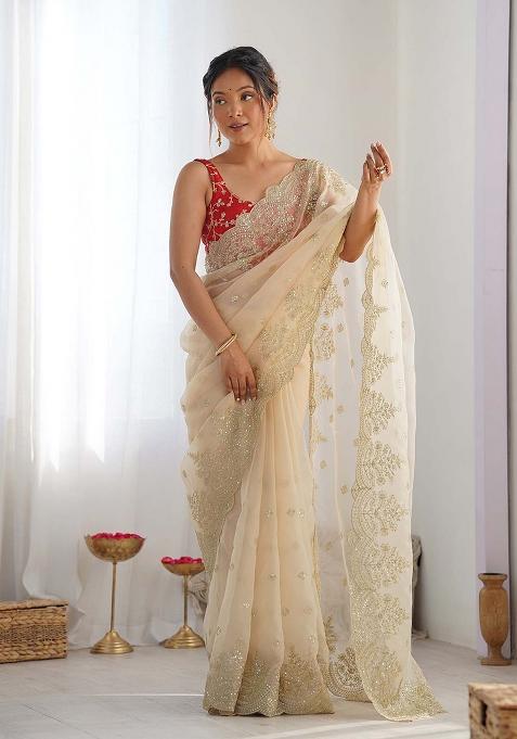 Cream Embroidered Silk Saree Set