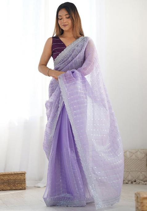 Lavender Embroidered Blended Saree Set