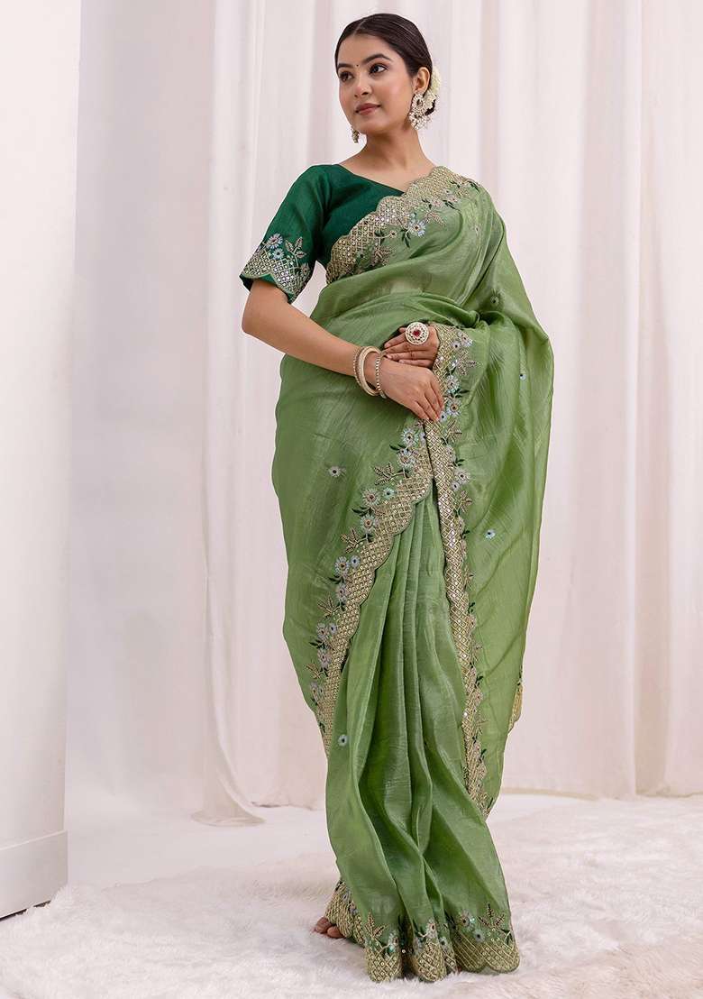 Green Blended Saree Set with Embroidered for Diwali | Wedding & Festive Wear - Indya