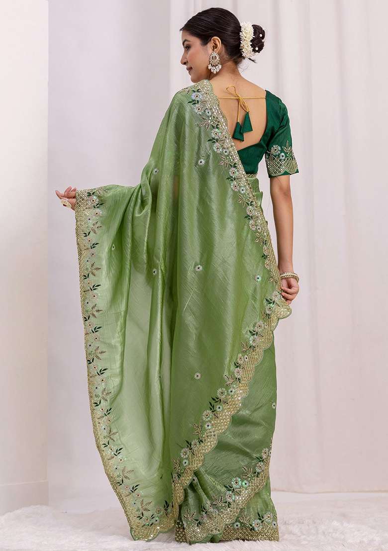 Green Blended Saree Set with Embroidered for Diwali | Wedding & Festive Wear - Indya
