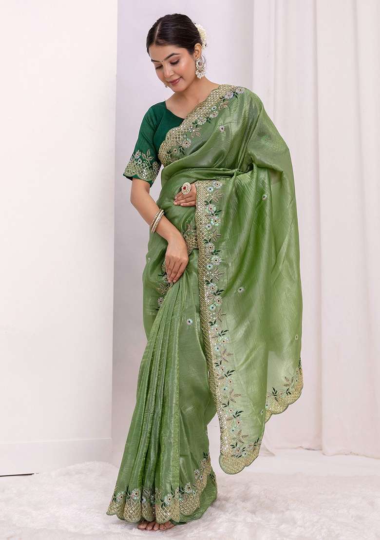 Green Blended Saree Set with Embroidered for Diwali | Wedding & Festive Wear - Indya