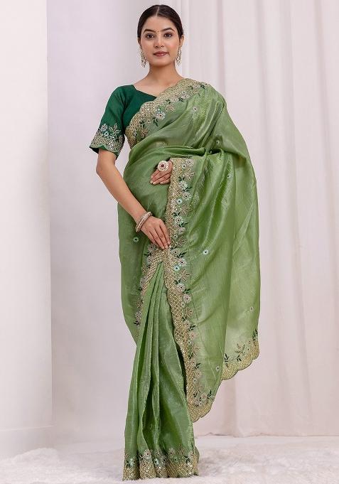 Green Embroidered Blended Saree Set