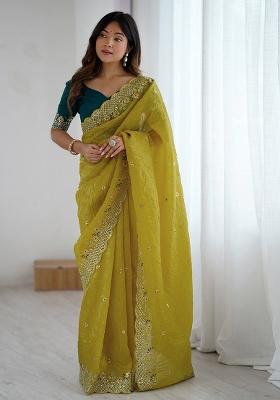 Yellow Embroidered Blended Saree Set
