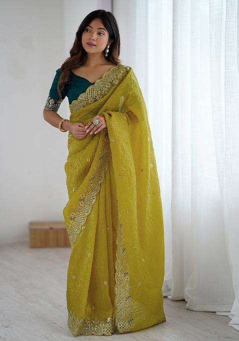 Yellow Embroidered Blended Saree Set