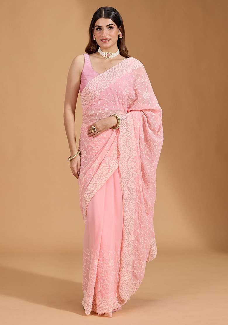 Pink Embroidered Georgette Saree Set for Diwali and Festive Wear - Indya