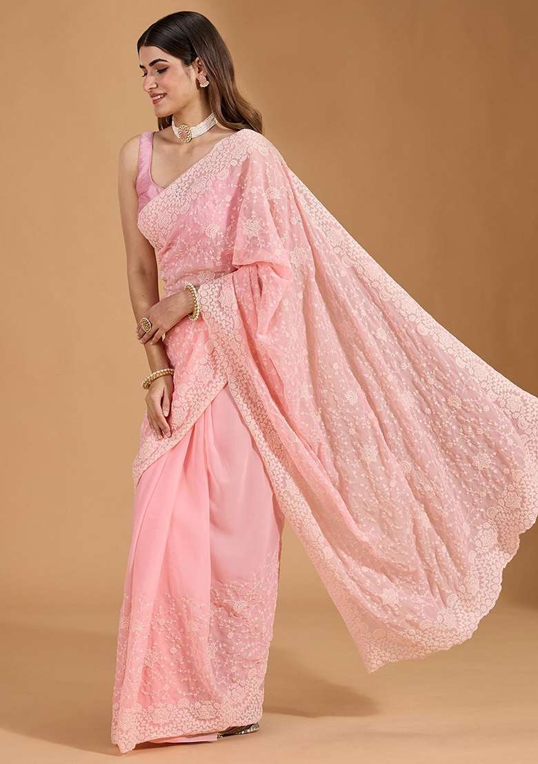Pink Embroidered Georgette Saree Set for Diwali and Festive Wear - Indya