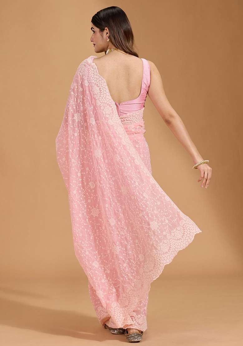 Pink Embroidered Georgette Saree Set for Diwali and Festive Wear - Indya