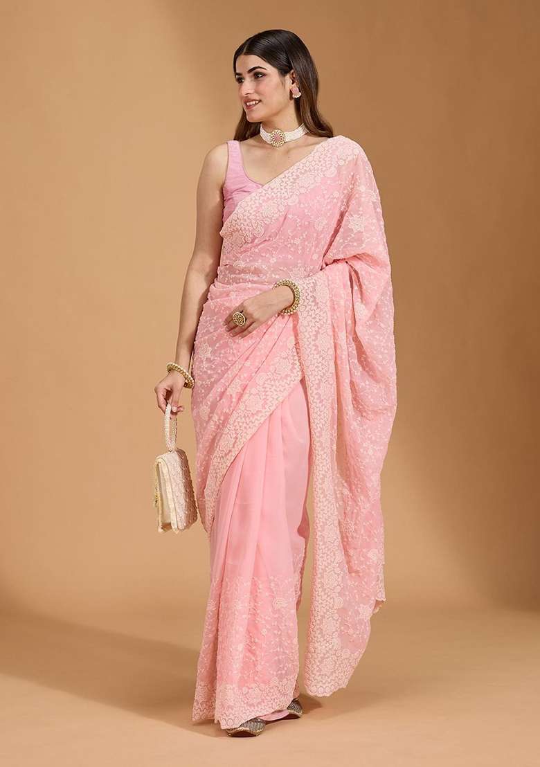 Pink Embroidered Georgette Saree Set for Diwali and Festive Wear - Indya