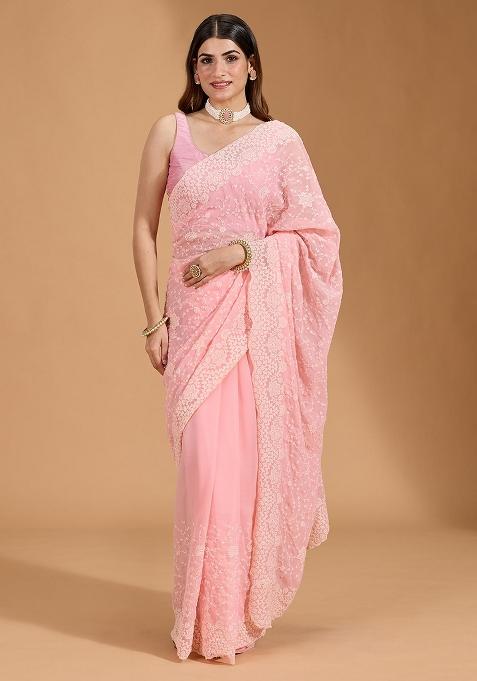 Pink Embroidered Georgette Saree Set