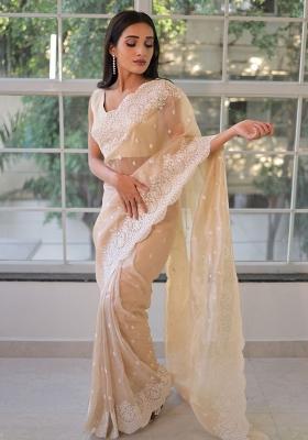 Cream Embroidered Georgette Saree Set