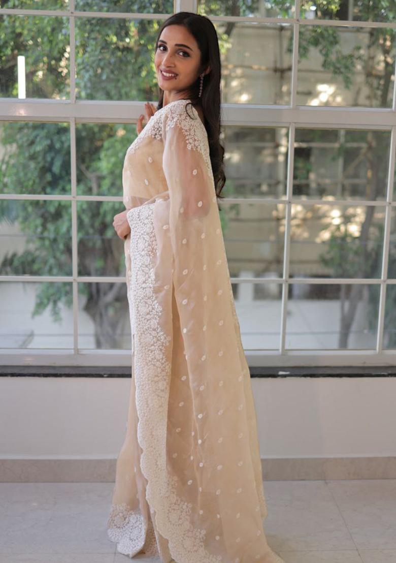 Cream Embroidered Georgette Saree Set - Indya