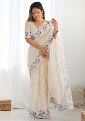 Cream Embroidered Silk Saree Set
