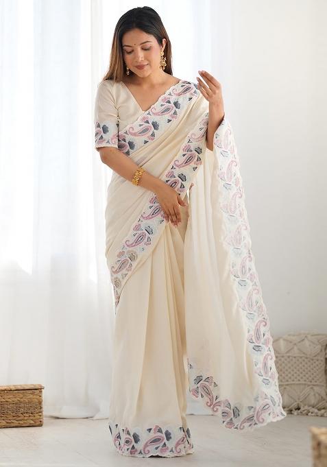 Cream Embroidered Silk Saree Set
