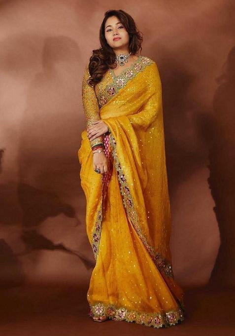 Yellow Embroidered Georgette Saree Set